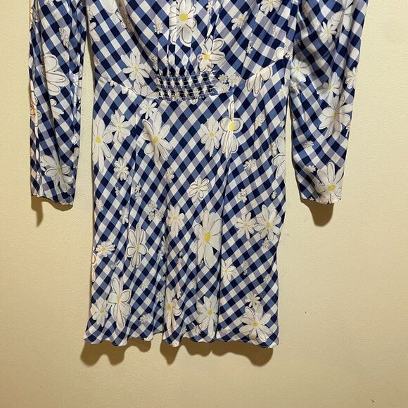 Rixo 2 Renata Blue Gingham Daisy Floral Collared Long Sleeve Mini Dress Retro - Picture 11 of 12